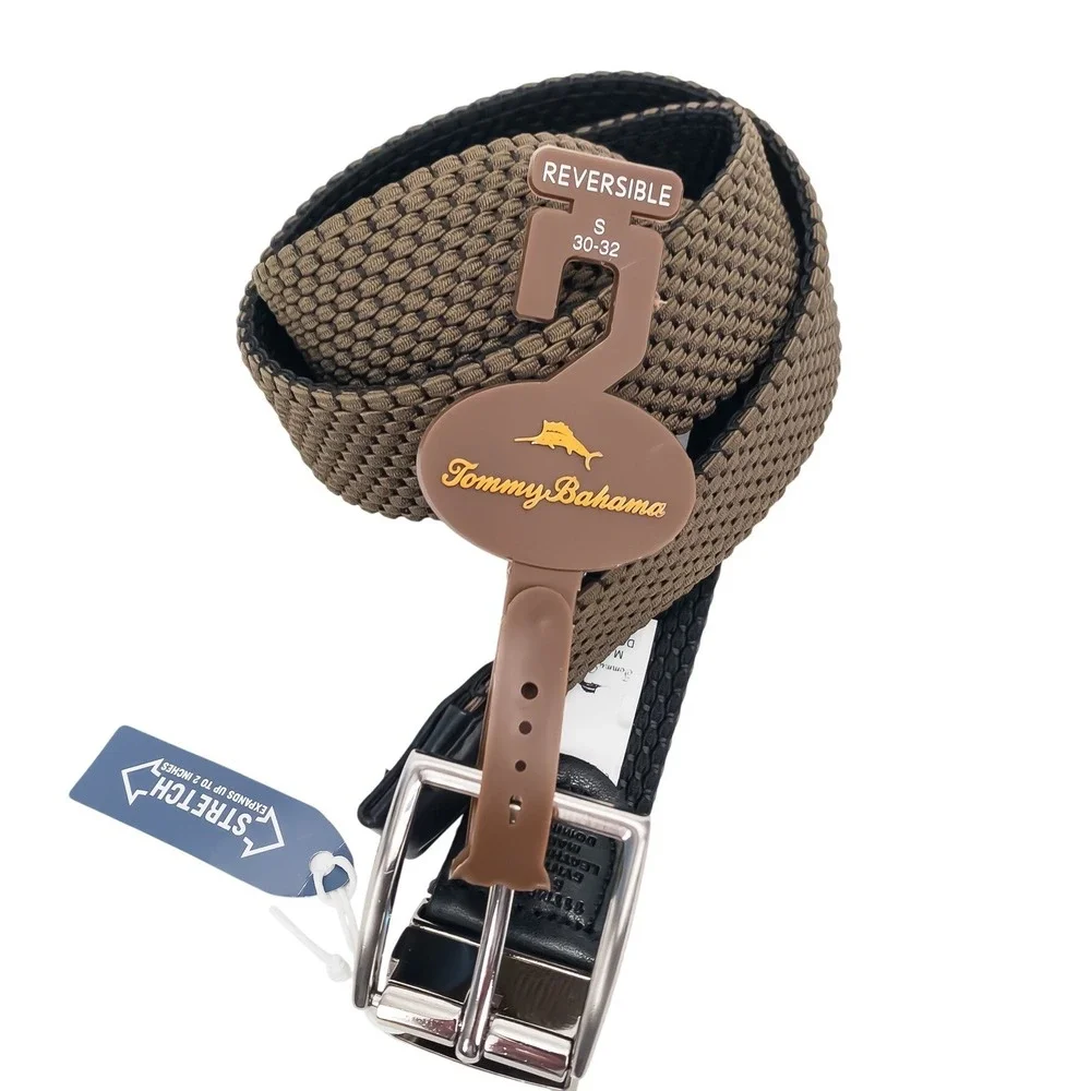 Tommy Bahama Belt Mens Olive Black‎ Reversible Braided Stretch Small 30-32